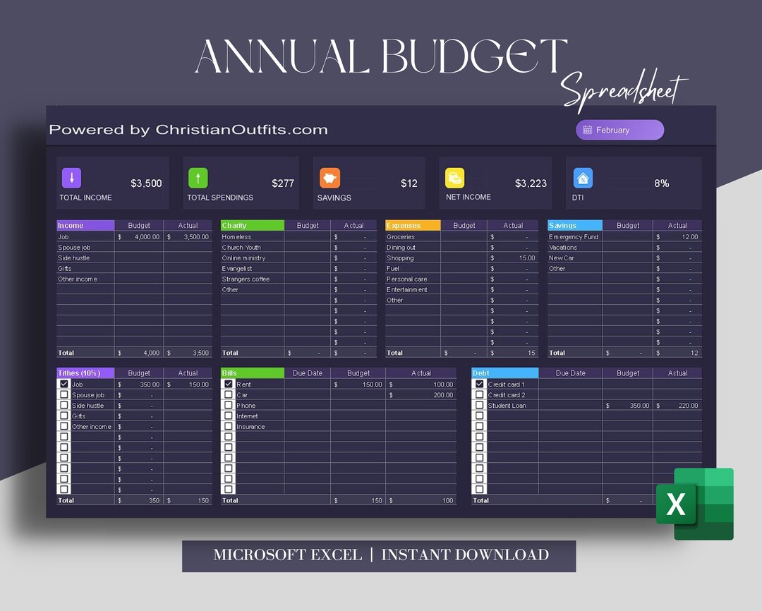 CHRISTIAN Annual Monthly Budget Spreadsheet Tithing - Etsy