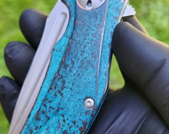 Kershaw Natrix XL patinames met scheepswrak – geforceerde patina koperafwerking – custom blauw EDC-zakmes – stonewashed D2-lemmet