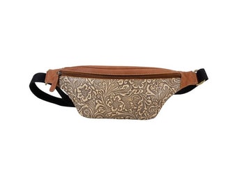 Leather Waist Bag-Tooled Sling Bag-Southwest Brown Belt Waist Bag-Western Unisex Fanny Bag-Myra Bag Crossbody Bag-Brown Belt Bag