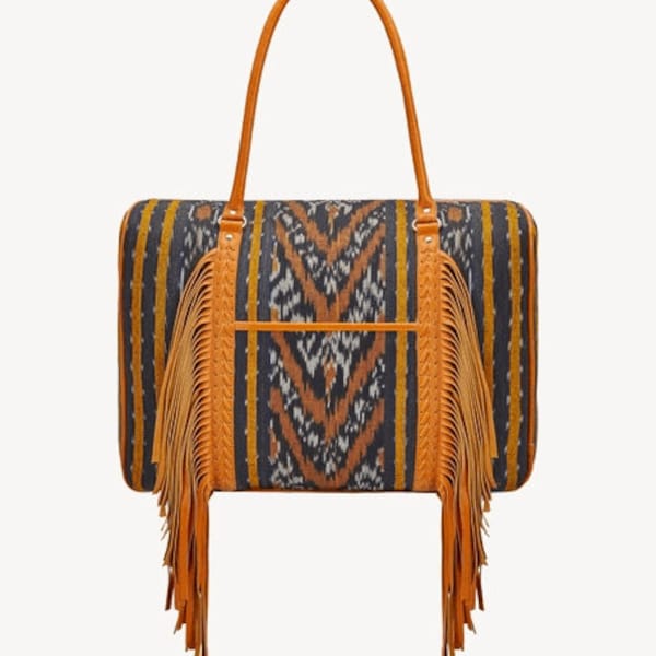 Zanzibar Ikat Bag: The Ultimate Black/Tan & Gold Weekender for Stylish Adventures-Chic Weekender Travel Bag for Her