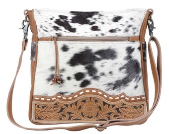 Genetic Hand-Tooled Shoulder Bag-Myra Hair-On Leather Crossbody Bag for Women