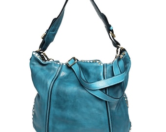 Anna Italian Leather Hobo Crossbody Bag-Genuine Italian Leather Aged Patina w/Studs Shoulder Bag