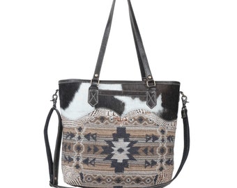 Myra Leather & Canvas Shoulder Bag-Panacea Leather and Canvas Crossbody-Southwest Hair-On Tote Handbag with Adjustable Strap