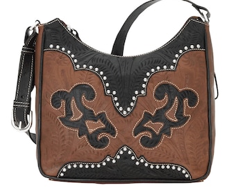 Concealed Carry Leather Shoulder Bag-Western Hand-Tooled Concealed Carry Crossbody-Cowgirl Full Grain Leather Handbag Tote-America West