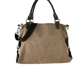 Italian Canvas Handbag with Leather Handles and Crossbody Strap-Italian Leather Shoulder Bag Crossbody-Made in Italy Bags