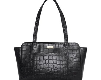 Sac à main en cuir façon croco - Sac à main en cuir noir Judith Designer - Sac à main vintage en cuir de luxe texturé