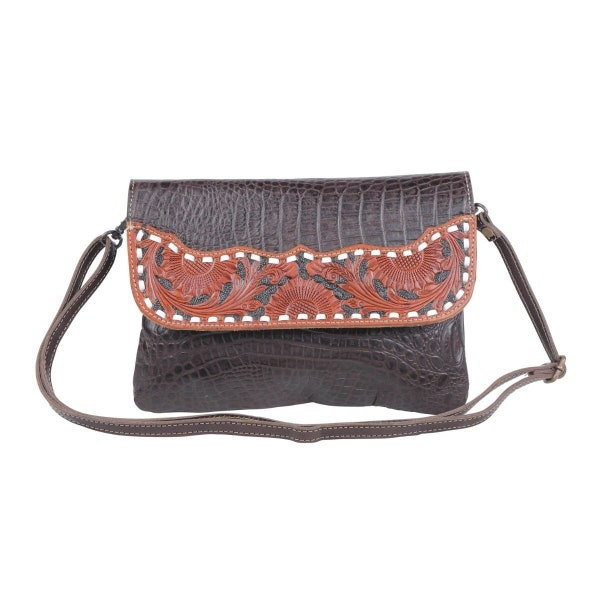 Myra Hand-Tooled Leather Shoulder Bag-Cowhide Leather Crossbody Bag-Western Handbag Purse