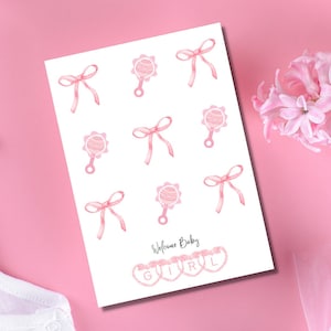 Carte de voeux Coquette pour baby shower, carte de naissance rose avec noeuds et hochets pour nouvelle maman et papa, carte de félicitations de bienvenue pour petite fille