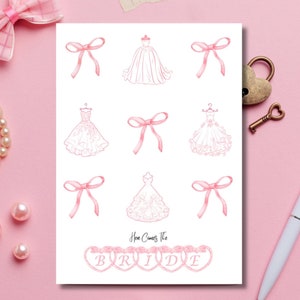Coquette bruids douchekaart, roze strikken en trouwjurken kaart, romantische bruiloft douchekaart, girly hier komt de bruid kaart voor haar
