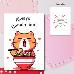 Ramen Cat aanmoedigingskaart, Ramenber woordspeling vriendschapskaart, laat niemand je slurp vertragen Japanse voedselkaart, kawaii kattenbriefpapier
