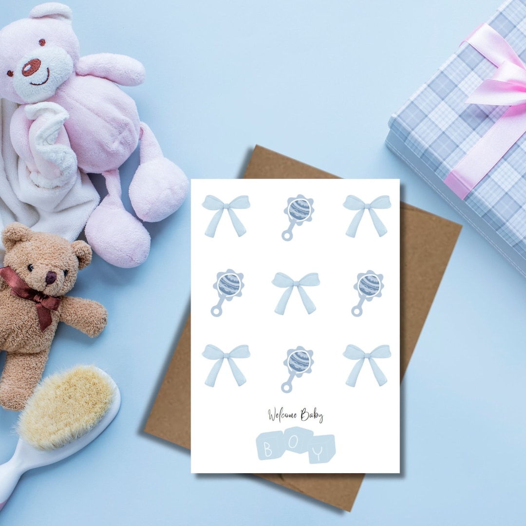 Coquette Style Baby Shower Greeting Card, Welcome Baby Boy, Blue Bows ...