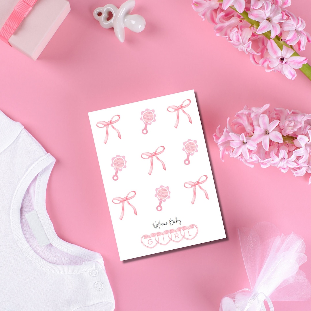 Coquette Baby Girl Card, Pink Bows & Rattles, Newborn Congratulations ...