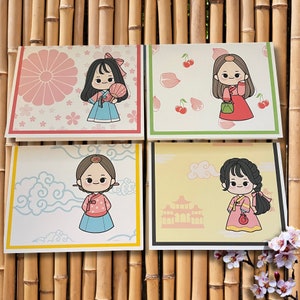 Korean Hanbok Girl Note Card Set: Kawaii K-Drama Stationery