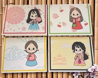 Korean Hanbok Girl Note Card Set: Kawaii K-Drama Stationery