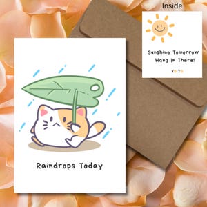Kawaii Katze im Regen Ermutigungskarte, süße Katze aufmuntern Karte, Karte zum Aufhängen für Katzenliebhaber, entzückendes Katzenbriefpapier, Unterstützungskarte