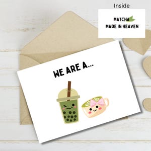 Leuke matcha-kaart voor koppels, matcha bubble tea vriendschapskaart, punny verjaardagskaart voor matcha lover, kawaii matcha woordspeling ik hou van je kaart