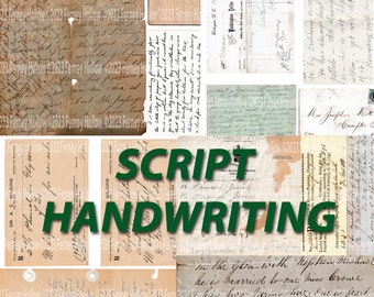 May include: A collage of vintage handwritten documents and letters with the words "SCRIPT HANDWRITING" in green text.