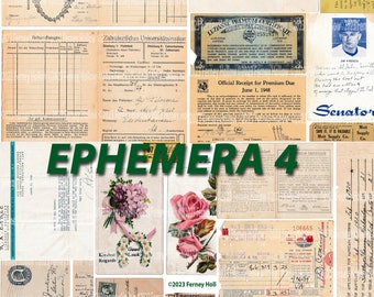 Op de afbeelding: Een collage van vintage ephemera, waaronder een tandartskaart, een ontvangstbewijs voor een premie die verschuldigd is, een certificaat voor koffie, een ansichtkaart met bloemen, een ticketstub en een ansichtkaart met een illustratie van een haan. De tekst "Le mieux est l'ennemi du bien" is zichtbaar op de ansichtkaart met de haan. De tekst "EPHEMERA 4" is zichtbaar in grote groene letters.