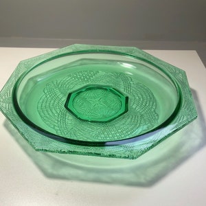 May include: A green glass serving dish with an octagonal shape and a decorative pattern. The dish has a raised center section with a star-shaped design.