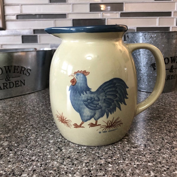 Jacaman Rooster Tan and Blue Ceramic Pitcher with Handle