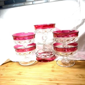 Set of 6 Red Ruby Flashed King&#39;s Crown Sherbets by Tiffin, 1950s