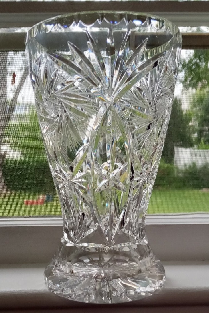 Sparkling Cut Glass Flower Vase, Hand Blown Pedestal Container in