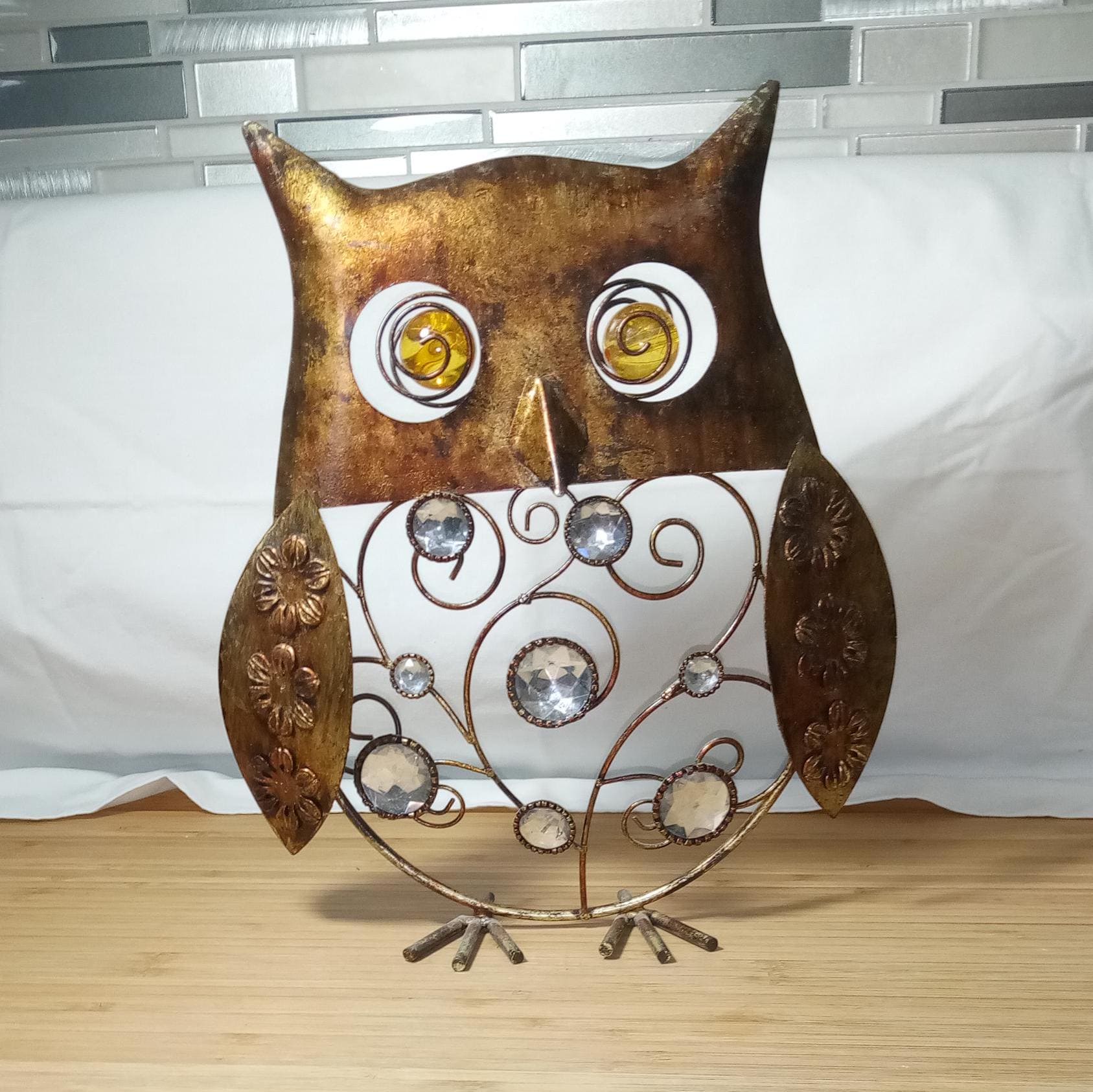 Handcrafted Bejeweled Metal Owl Sculpture