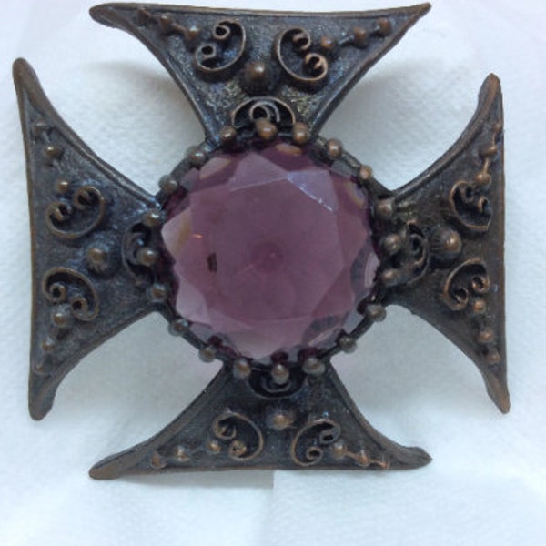 Maltese Cross Pin, Brooch, Purple Crystal, Amethyst Rhinestone