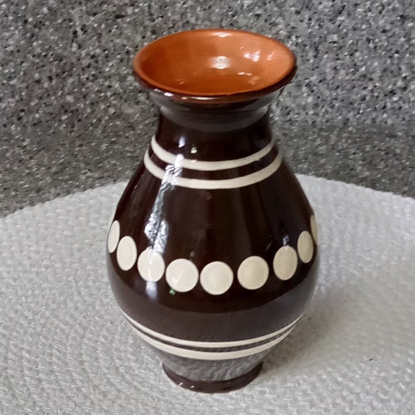 Folk Art Redware Vase with White Slipware Decoration by KLM Keramika, of Pozdisovce, Slovakia