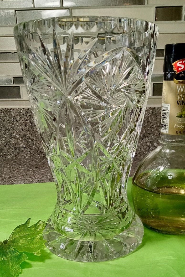 Sparkling Cut Glass Flower Vase, Hand Blown Pedestal Container in