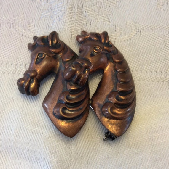 Horse Pin, Two Horse Head Pin, Sterling Silver wit
