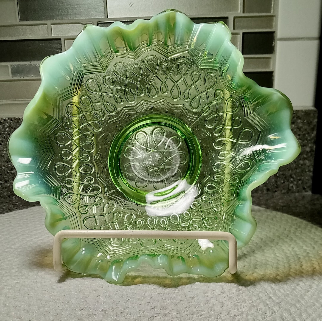 Antique Green Opalescent Glass Bowl or Candy Dish in Many Loops Pattern