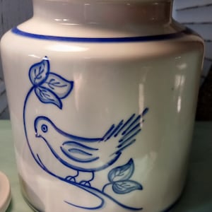 Blue and White Lovebird Lidded Crock or Canister, Portugal Pottery