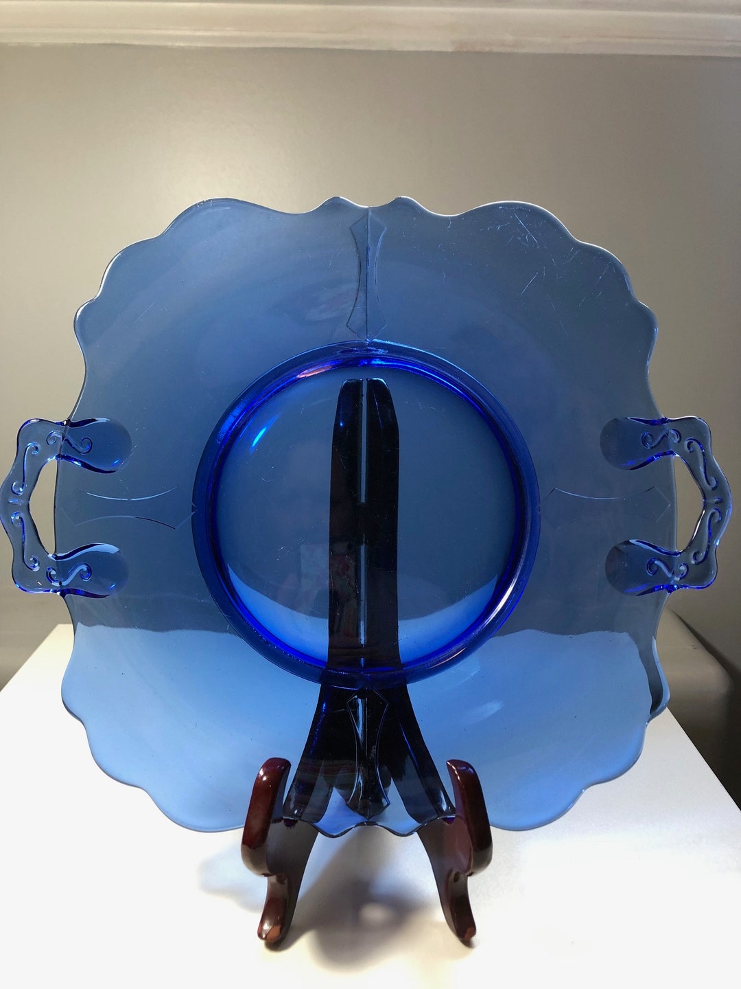 Cake Plate With Handles in Mt. Pleasant Cobalt Blue by Smith Glass Etsy