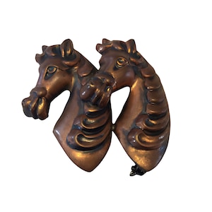 Horse Pin, Two Horse Head Pin, Sterling Silver with Copper Wash, Horse Brooch