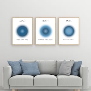 Juego de 3 carteles de aura positiva Juego de carteles espirituales Arte de pared relajante Mente, cuerpo, alma Arte de pared azul Juego imprimible azul DESCARGA DIGITAL