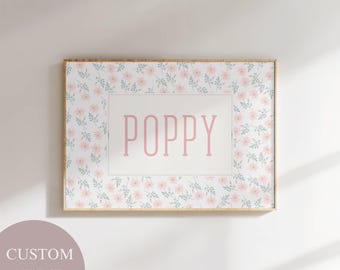 Stampa artistica da parete con nome personalizzato per cameretta dei bambini, regalo personalizzato con iniziale rosa per bambina, poster floreale rosa per la nascita della stanza dei giochi