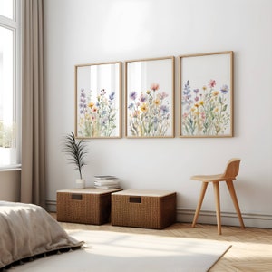 Floral Watercolour Print Set Of 3 Wildflower Prints Wildflower Field Wall Art Bedroom Wall Art Home Colourful Wildflower Wall Art Floral Art