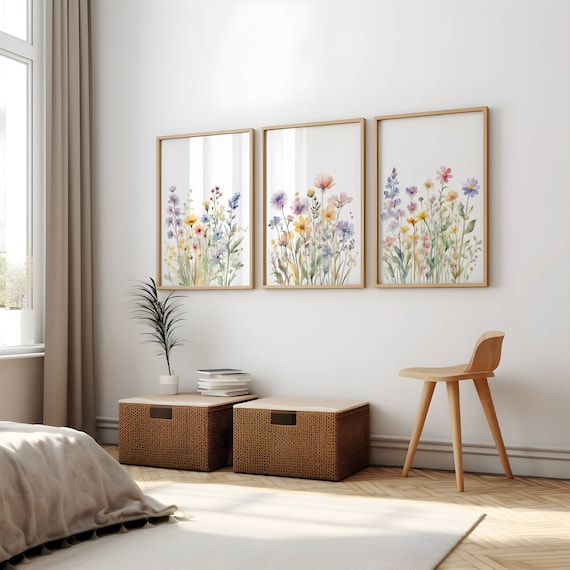 Floral Watercolour Print Set Of 3 Wildflower Prints Wildflower Field Wall Art Bedroom Wall Art Home Colourful Wildflower Wall Art Floral Art