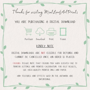 May include: An announcement for digital downloads from Mint Leaf Art Prints, featuring icons for purchase, download, print, and frame. It states that refunds are not available for digital downloads and colours may vary. Textures and effects in the artwork are intentional.