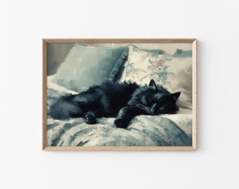 Black Cat Sleeping Painting Cat Antique Decor Vintage Cat Wall Print Cat Print Wall Decor Moody Animal Wall Art Sleeping Cat Oil Painting