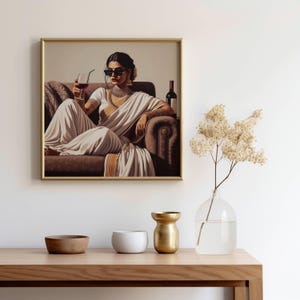 Vibrant digital art of a modern Indian woman drinking wine.
Feminist wall art showcasing contemporary Indian culture.
Bold and bright kitchen wall decor with a modern Indian theme.
desi woman in pop art style.