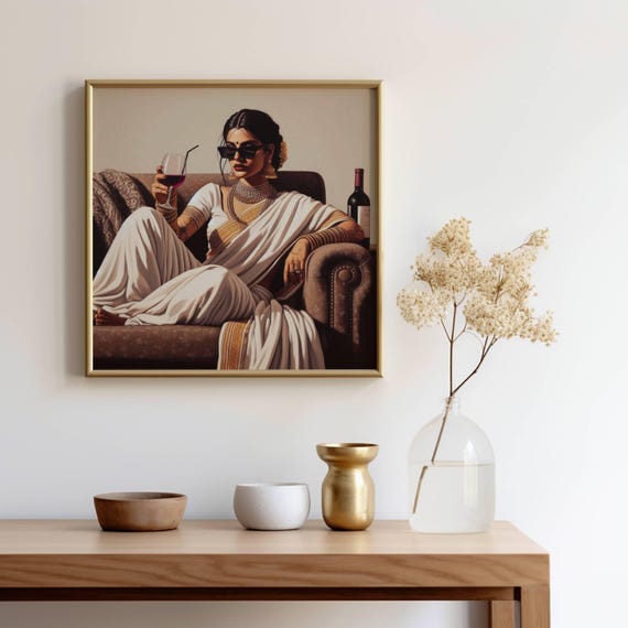 Modern Indian Woman Drinking Art Indian Pop Desi Women Drinking Art Kitchen Wall Art Indian Wall Art Pink Feminist Poster Desi Girl Wine Art