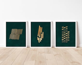 Juego de 3 piezas de arte de pared verde y dorado, galería de arte abstracto verde, pósteres verdes para sala de estar, decoración de pared minimalista, trío verde y dorado