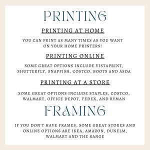 May include: A cream-coloured graphic with the word "PRINTING" in a dark teal script. The text below lists options for printing at home, online, and at a store, including VistaPrint, Staples, and Walmart. The word "FRAMING" is also featured.