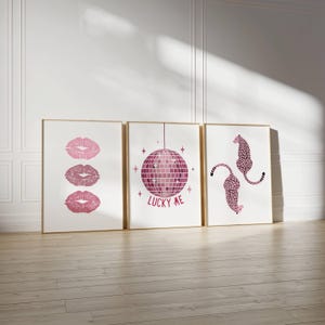 Pink Wall Art Set Of 3 Retro Style Posters Pink Cheetah Print Trendy Kiss Lips Digital Prints, Preppy Aesthetic Dorm Decor Printable Art