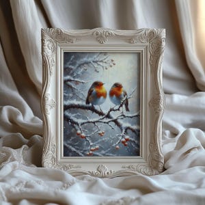 Winter Robin Sitting Print Antique Bird Painting Rustic Home Decor Christmas Decor Festive Season Bird Printable Wall Art DIGITAL DOWNLOAD
