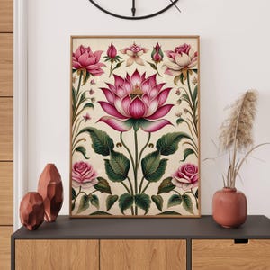 Lotus Print Indian Folk Art Traditional Indian Pink Lotus Printable Wall Art Indian Vintage Pichwai Painting Lotus Poster Living Room Decor