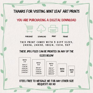May include: An advertisement for digital download prints from Mint Leaf Art Prints. The text includes sizes such as 24x36, 24x30, 18x24, 11x14, and 5x7 inches. The ad also shows different aspect ratios and sizes for printing.