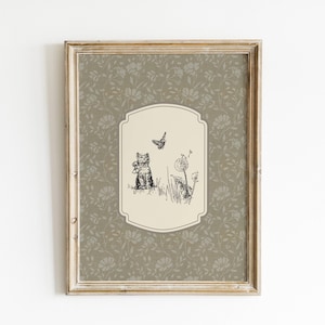 Vintage Kitten Print Nursery Decor Floral Vintage Floral Cat Wall Art Antique Cat Art Sketch Nursery Wall Art Animal Printable Wall Decor